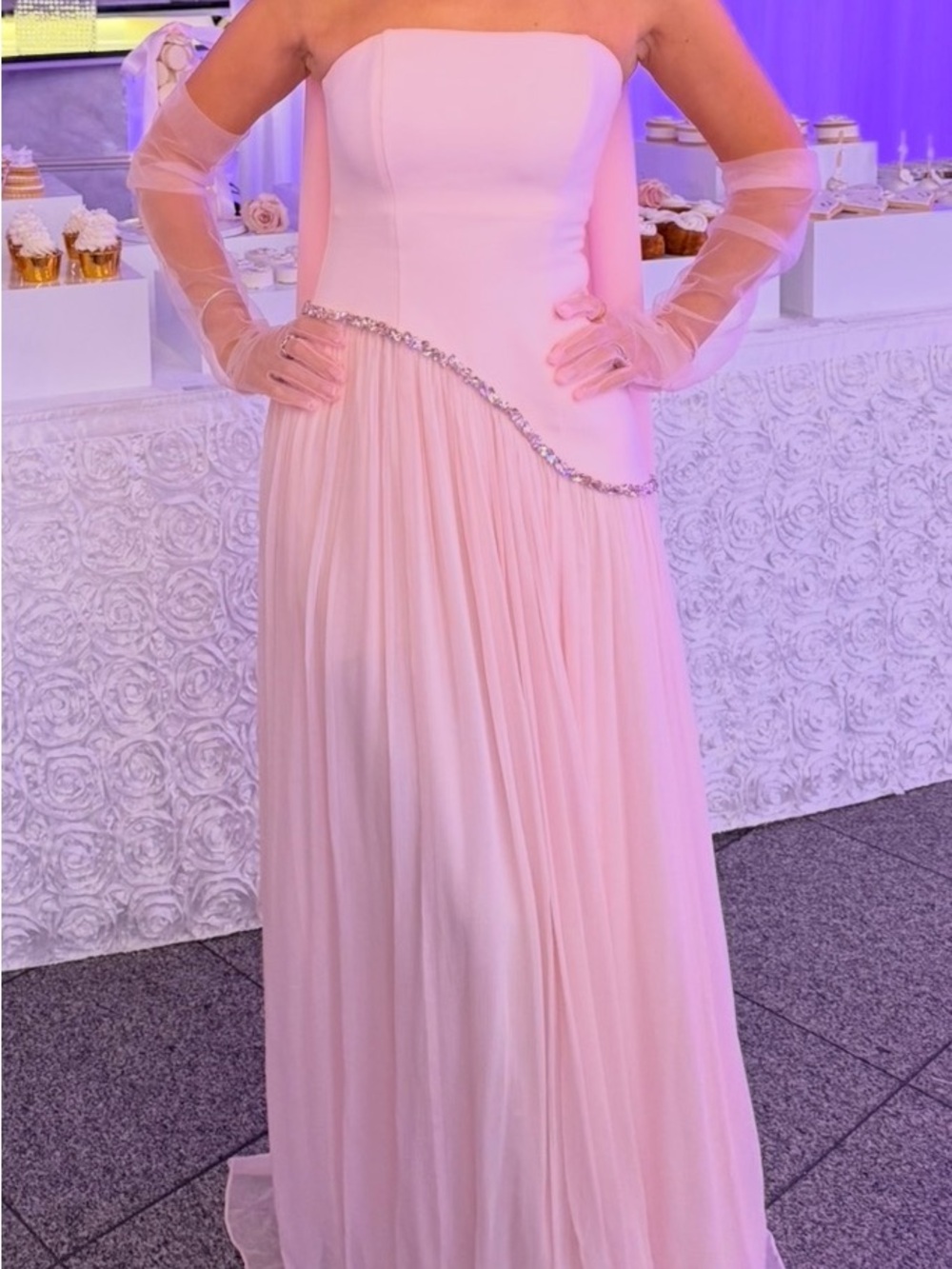 Strapless Blush Pink Evening Gown with Beaded Waist